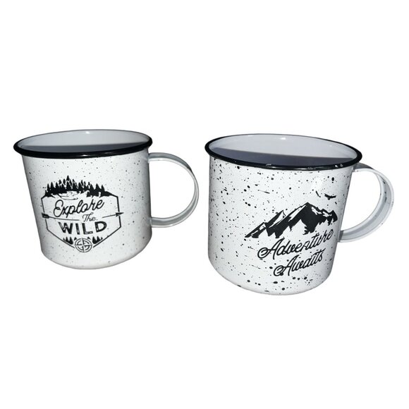 Design Pac Set of 2 Tin Coffee Mugs with Handles 16 fl oz White & Black Adventur - Picture 1 of 12
